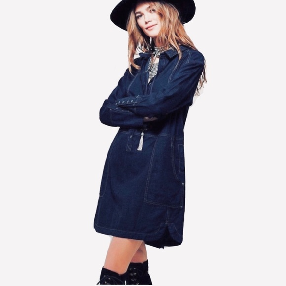 FREE PEOPLE Delicate Detail Denim Mini Shirtdress Size XS - Picture 1 of 16